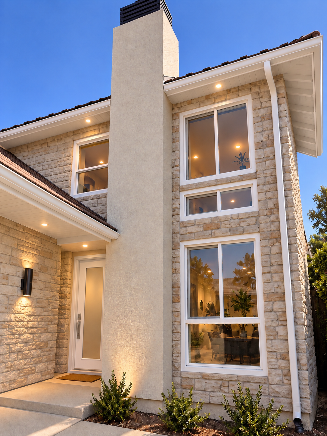 Stone facade and stucco chimney